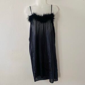 SHEER VINTAGE BLACK SLIP DRESS WITH FEATHER TRIM